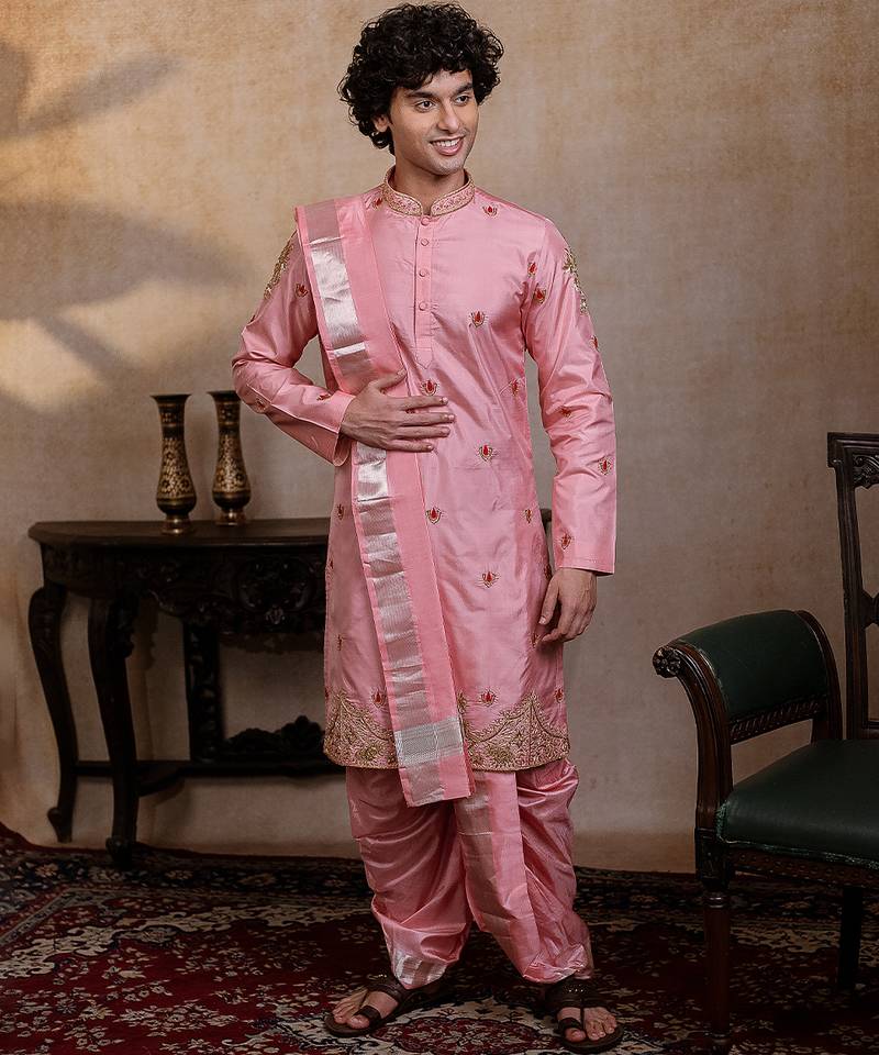 Pink embroidered silk kurta set