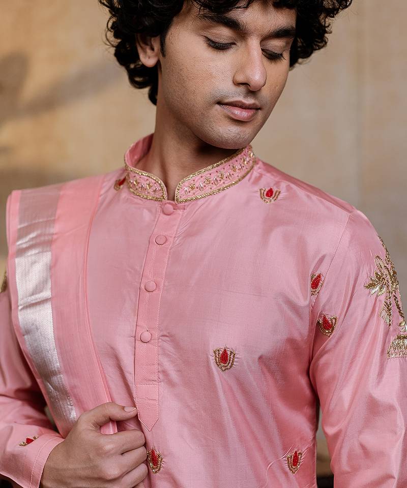 Pink embroidered silk kurta set