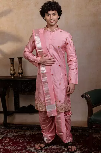 Pink embroidered silk kurta set