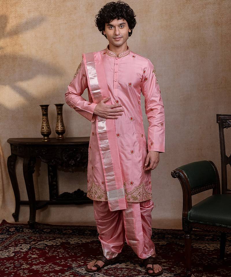 Pink embroidered silk kurta set