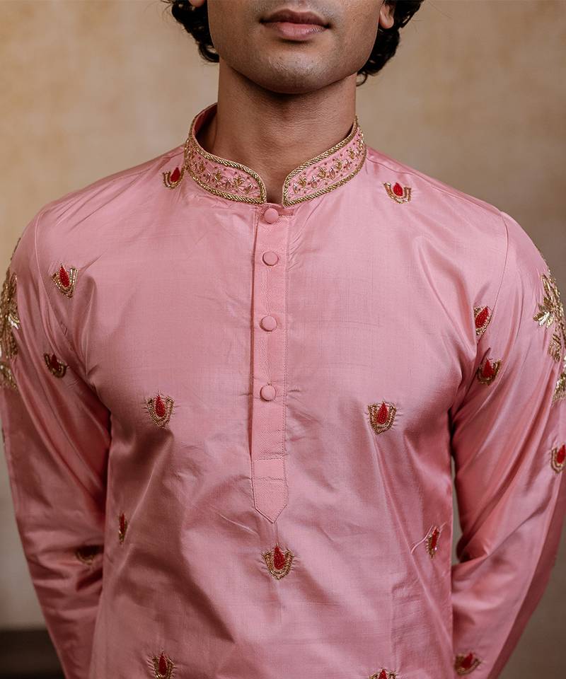 Pink embroidered silk kurta set