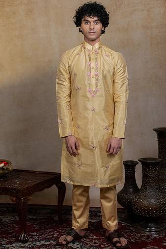 Gold embroidered silk kurta set
