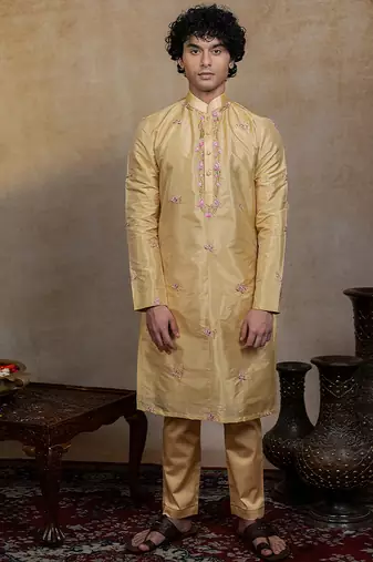 Gold embroidered silk kurta set