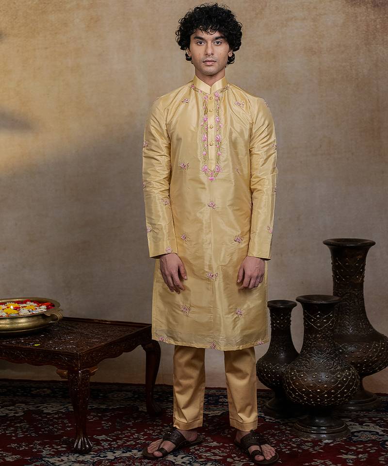 Gold embroidered silk kurta set