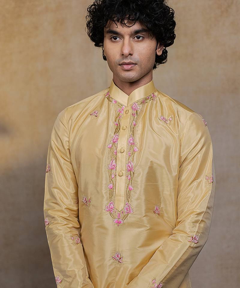 Gold embroidered silk kurta set