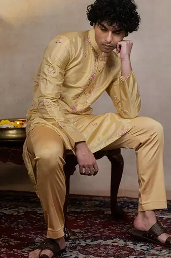 Gold embroidered silk kurta set