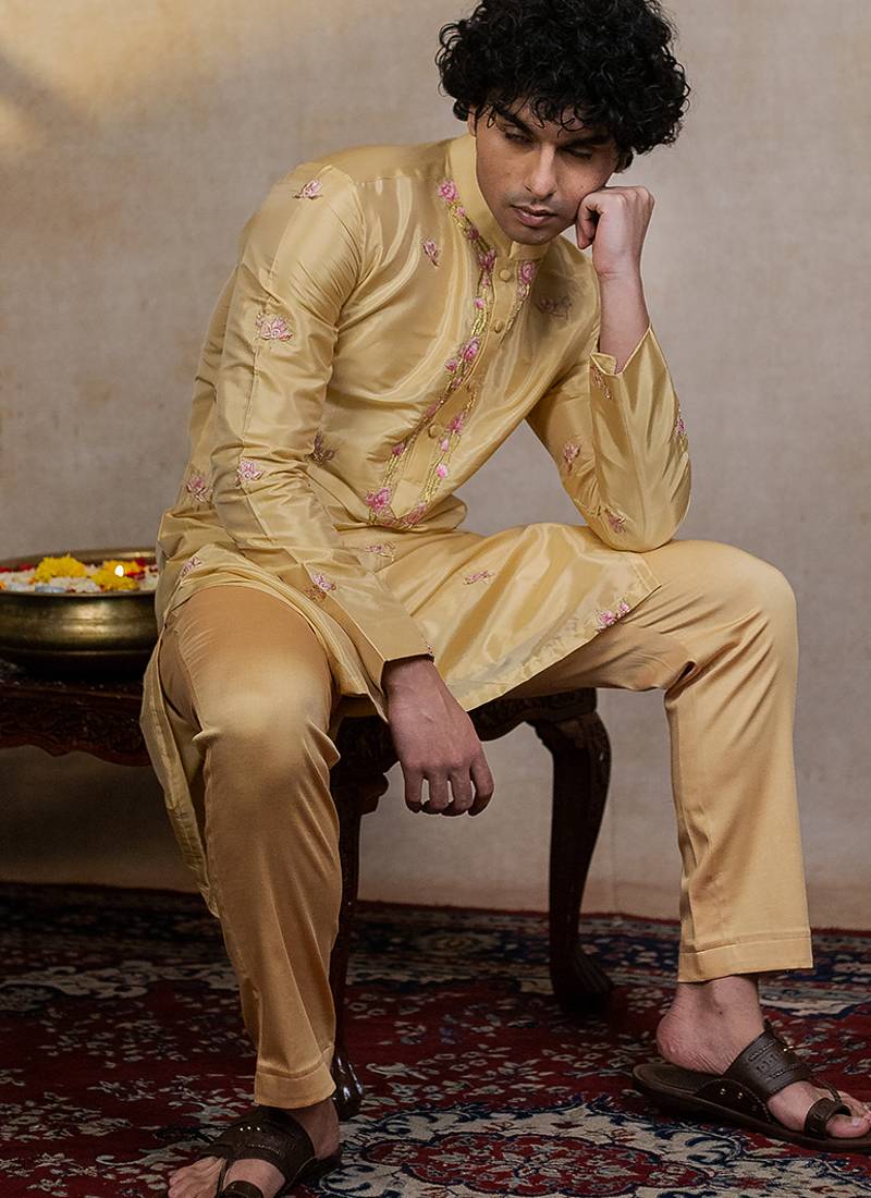 Gold embroidered silk kurta set