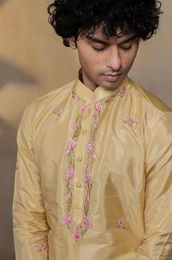 Gold embroidered silk kurta set