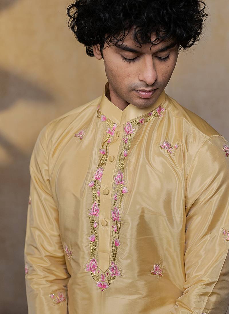 Gold embroidered silk kurta set