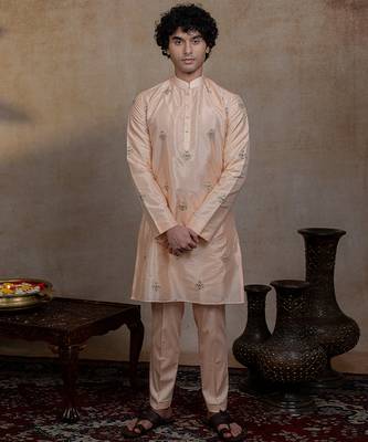 Peach embroidered silk kurta set 1