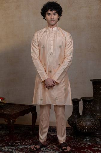 Peach embroidered silk kurta set