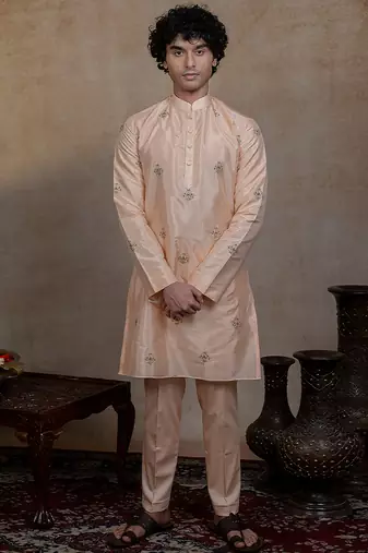 Peach embroidered silk kurta set