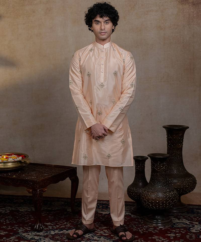 Peach embroidered silk kurta set