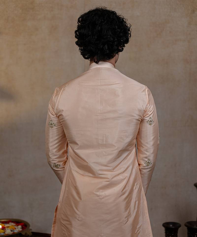 Peach embroidered silk kurta set