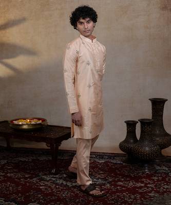 Peach embroidered silk kurta set 3