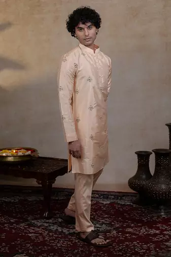 Peach embroidered silk kurta set
