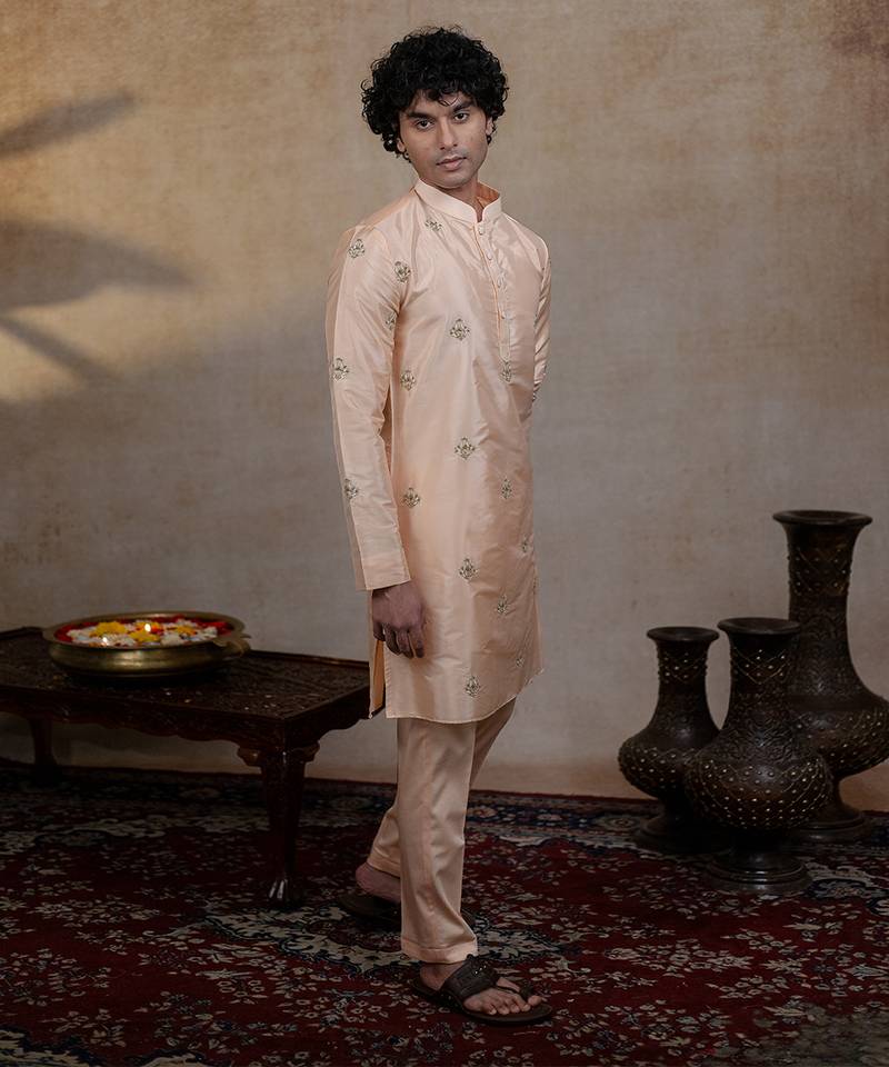 Peach embroidered silk kurta set