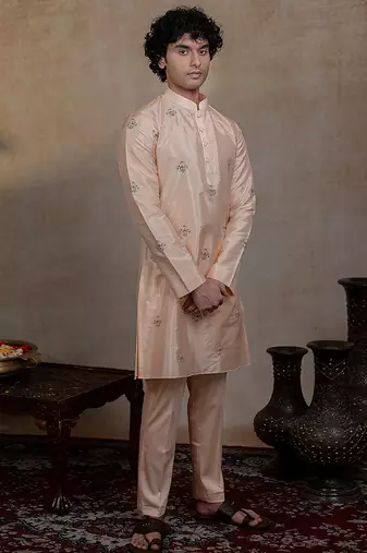 Peach embroidered silk kurta set