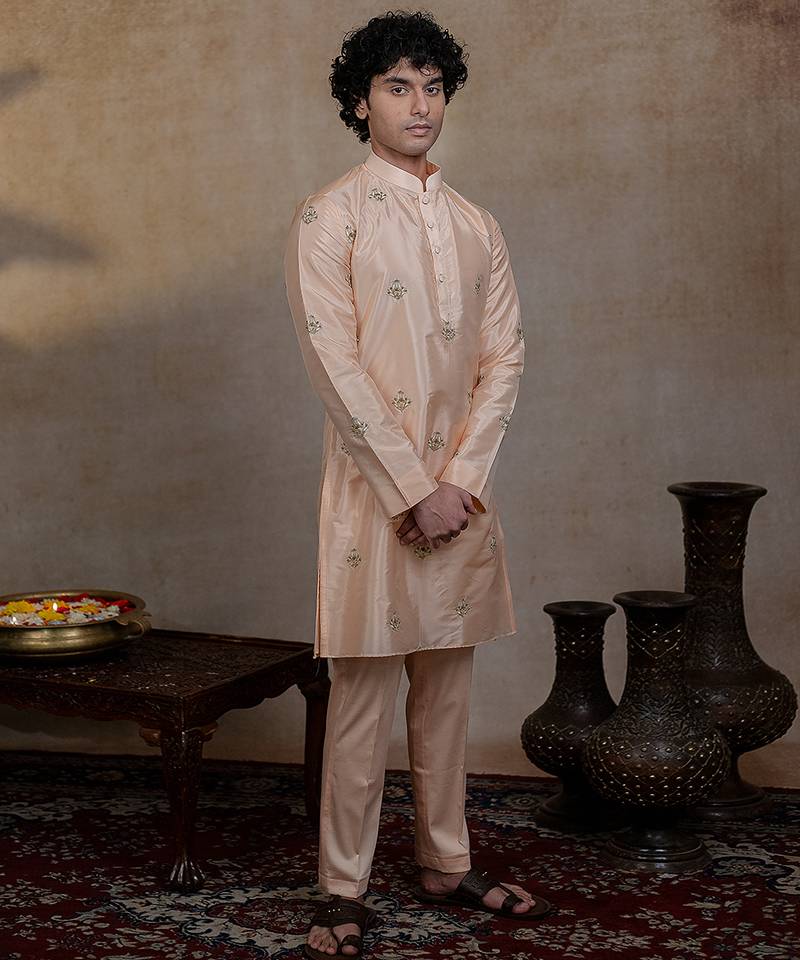 Peach embroidered silk kurta set