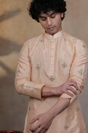 Peach embroidered silk kurta set