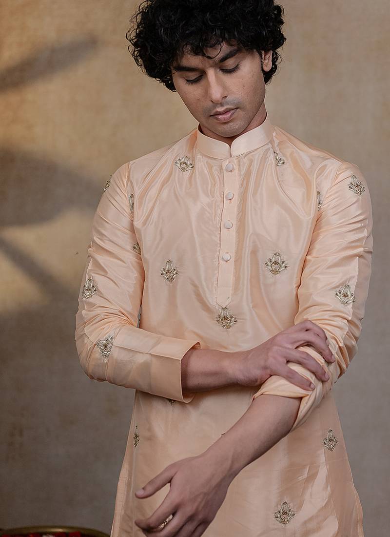 Peach embroidered silk kurta set