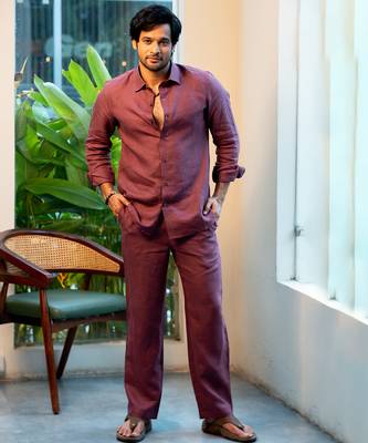 Burgundy plain linen shirt 1