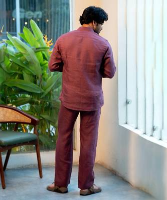 Burgundy plain linen shirt 5