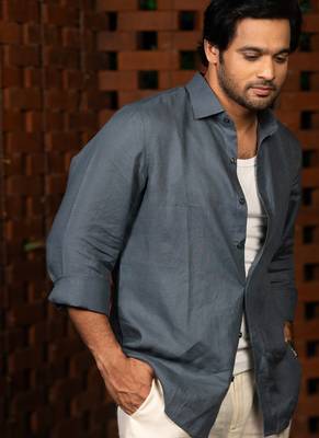 Grey plain linen shirt 5