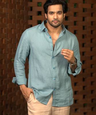 Sea blue plain linen shirt 1