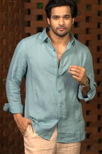 Sea blue plain linen shirt