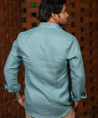 Sea blue plain linen shirt 4