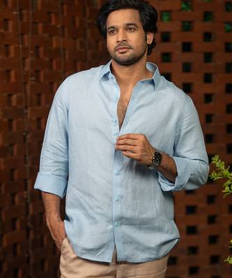 Sky blue plain linen shirt 1