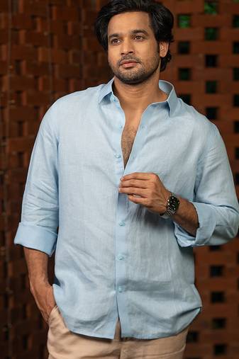 Sky blue plain linen shirt