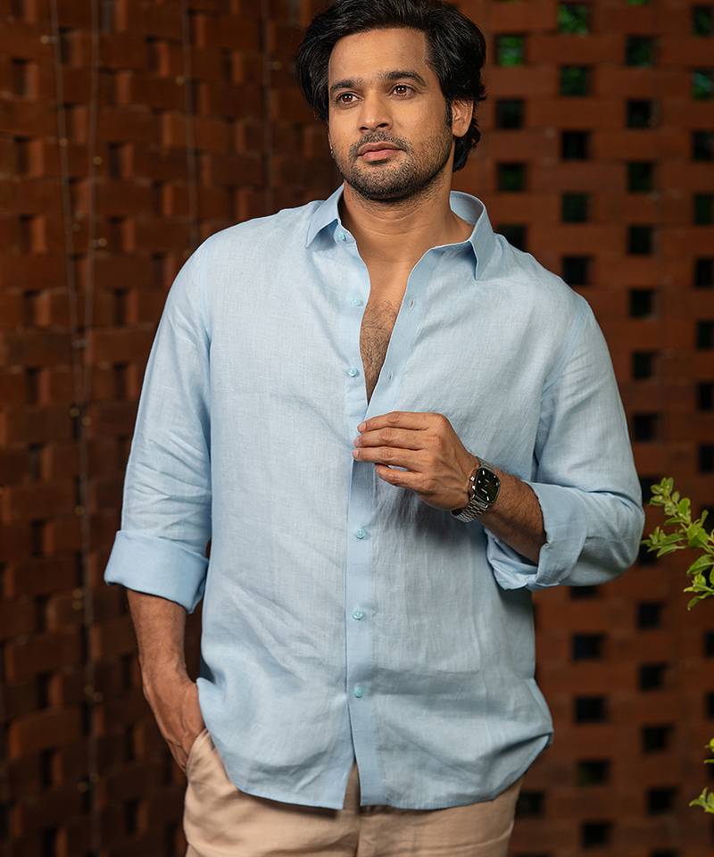 Sky blue plain linen shirt