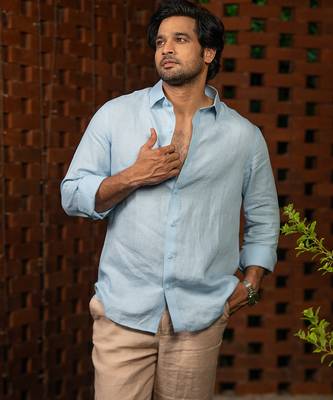 Sky blue plain linen shirt 3