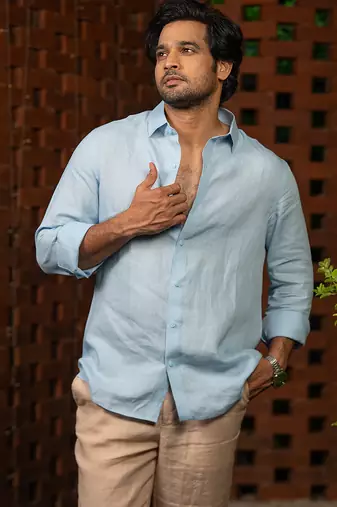 Sky blue plain linen shirt