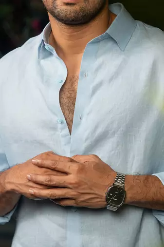 Sky blue plain linen shirt