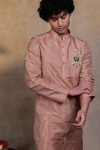 Light Pink embroidered silk kurta set