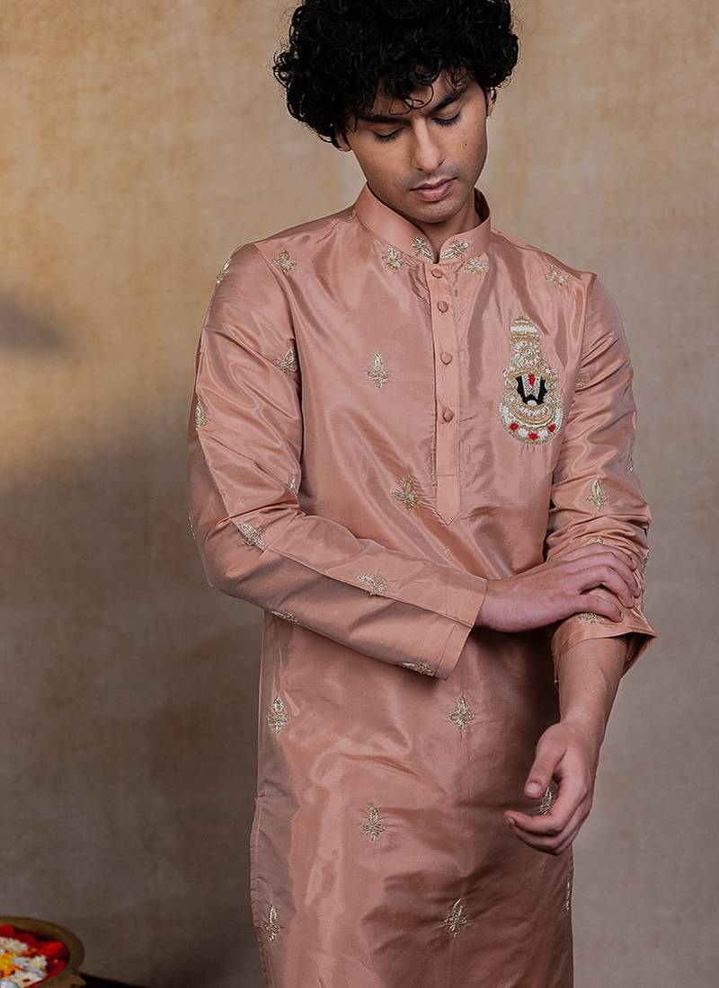 Light Pink embroidered silk kurta set