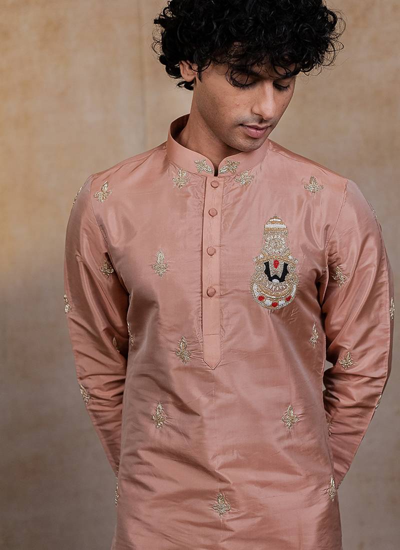 Light Pink embroidered silk kurta set