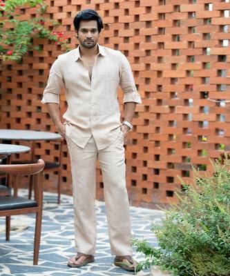 Beige plain linen shirt 1
