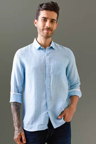 Sky blue striped pure linen shirt