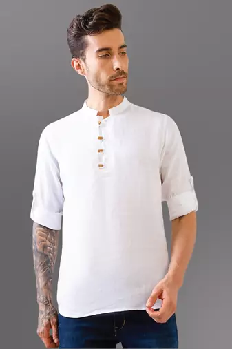 White solid wooden-button pure linen kurta shirt
