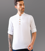 White solid wooden-button pure linen kurta shirt