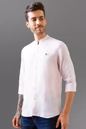 Pastel pink mandarin collar pure linen shirt