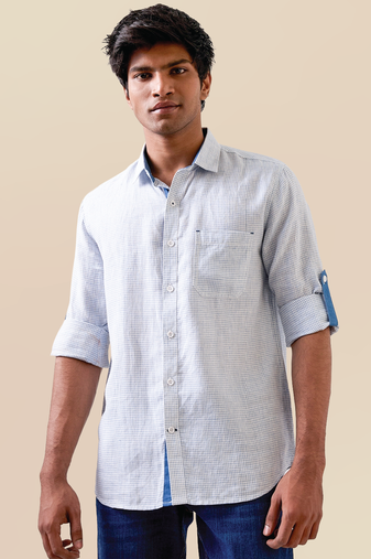 White micro-check pure linen shirt