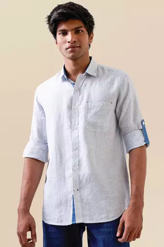 White micro-check pure linen shirt