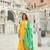 Yellow silk sharara with zari, sequin work & printed dupatta, free size stitching up to 42".