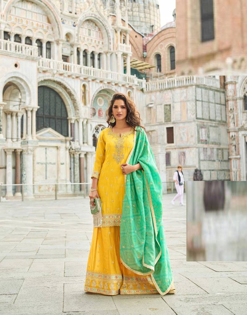 Yellow silk sharara with zari, sequin work & printed dupatta, free size stitching up to 42".