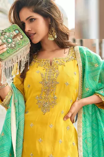 Yellow silk sharara with zari, sequin work & printed dupatta, free size stitching up to 42".